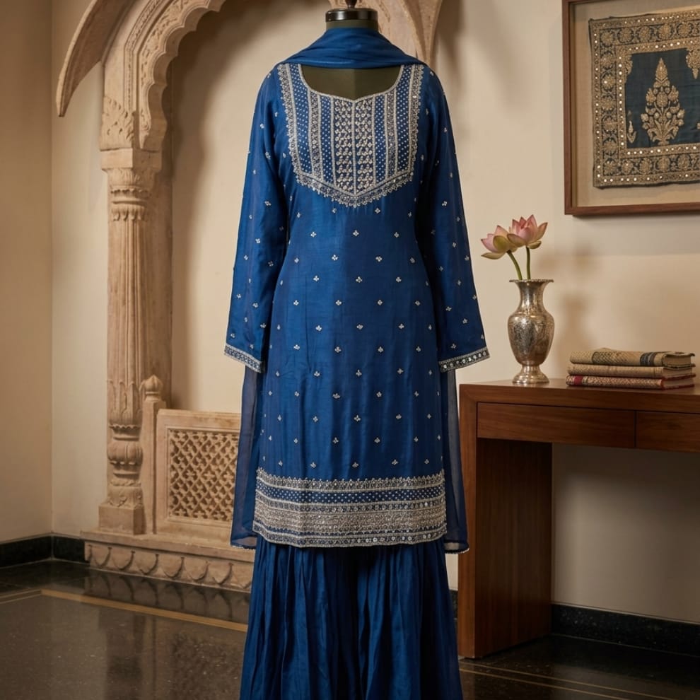 Royal Blue Mirror Work Kurta Palazzo Set