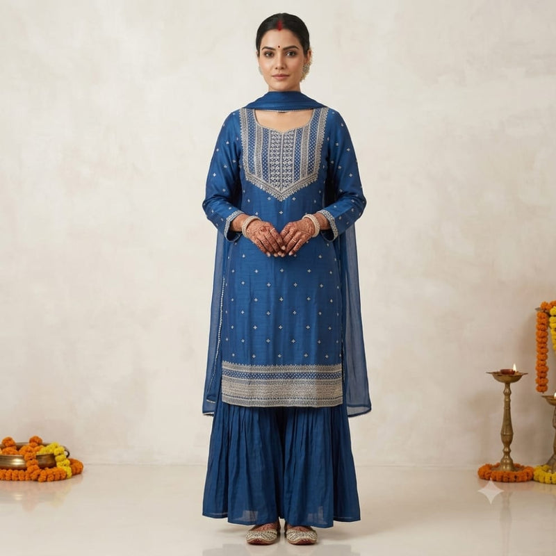 Royal Blue Mirror Work Kurta Palazzo Set