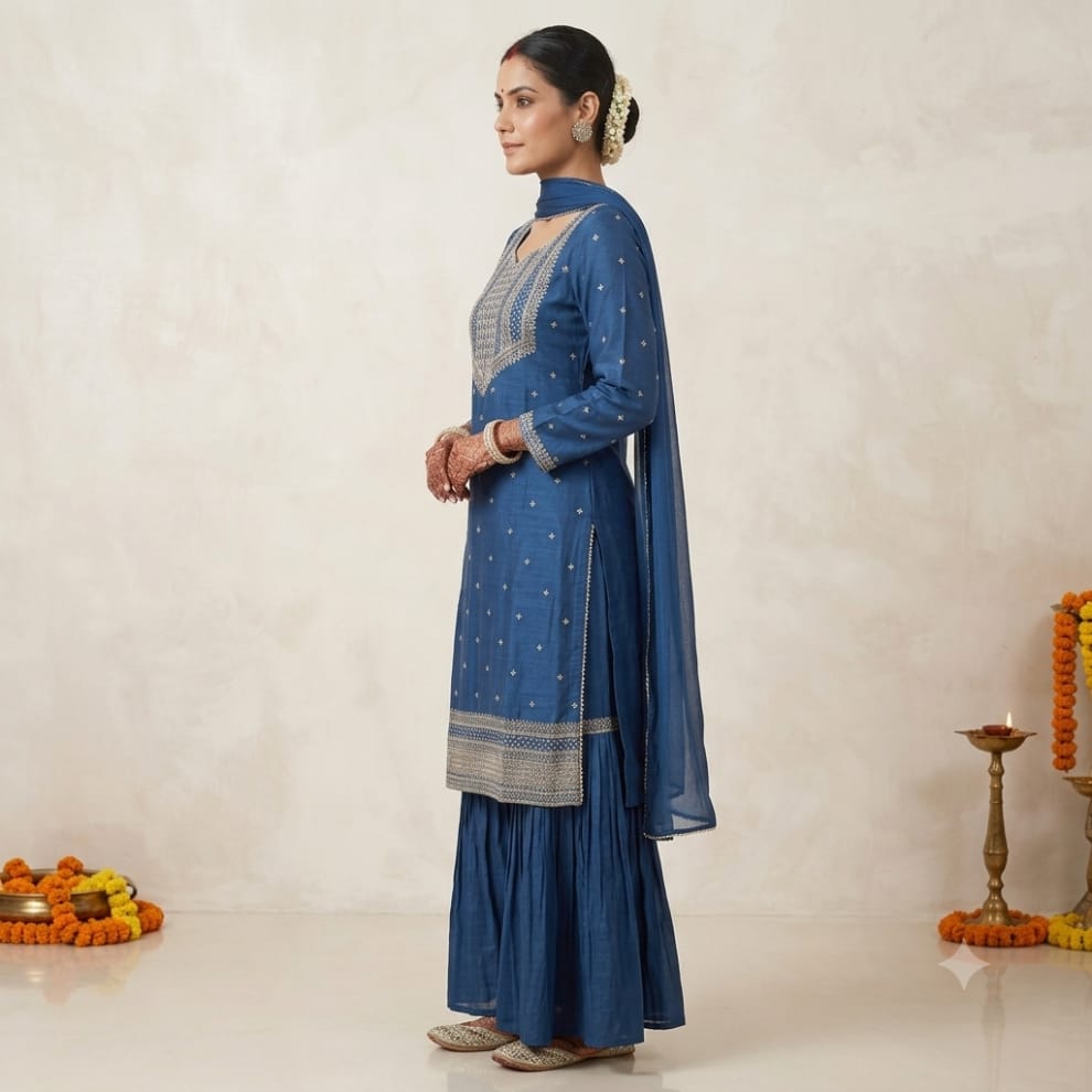 Royal Blue Mirror Work Kurta Palazzo Set