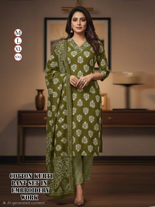 Green Daily Wear Readymade Cotton Suit Set