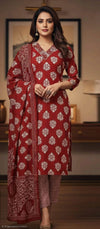 Red Daily Wear Readymade Cotton Suit Set