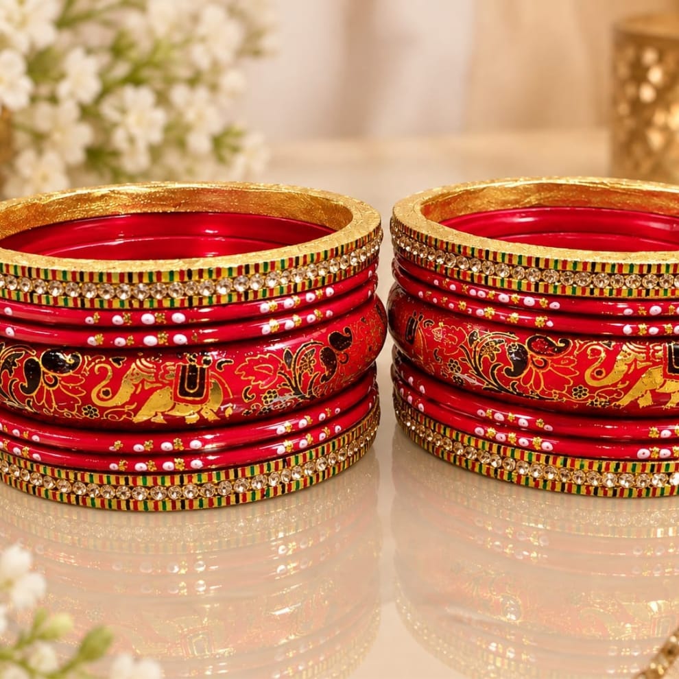 Red Handprinted Lac Bangles Set – Meenakari Style