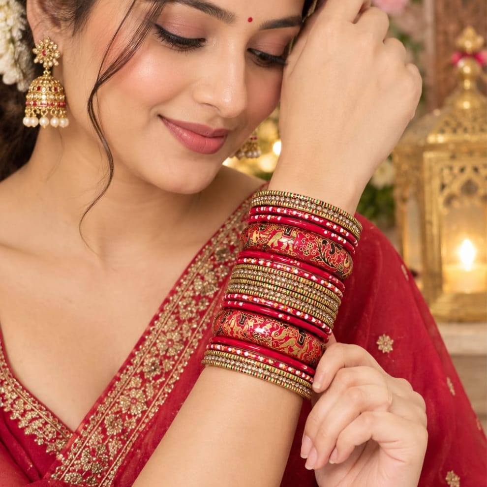 Red Handprinted Lac Bangles Set – Meenakari Style