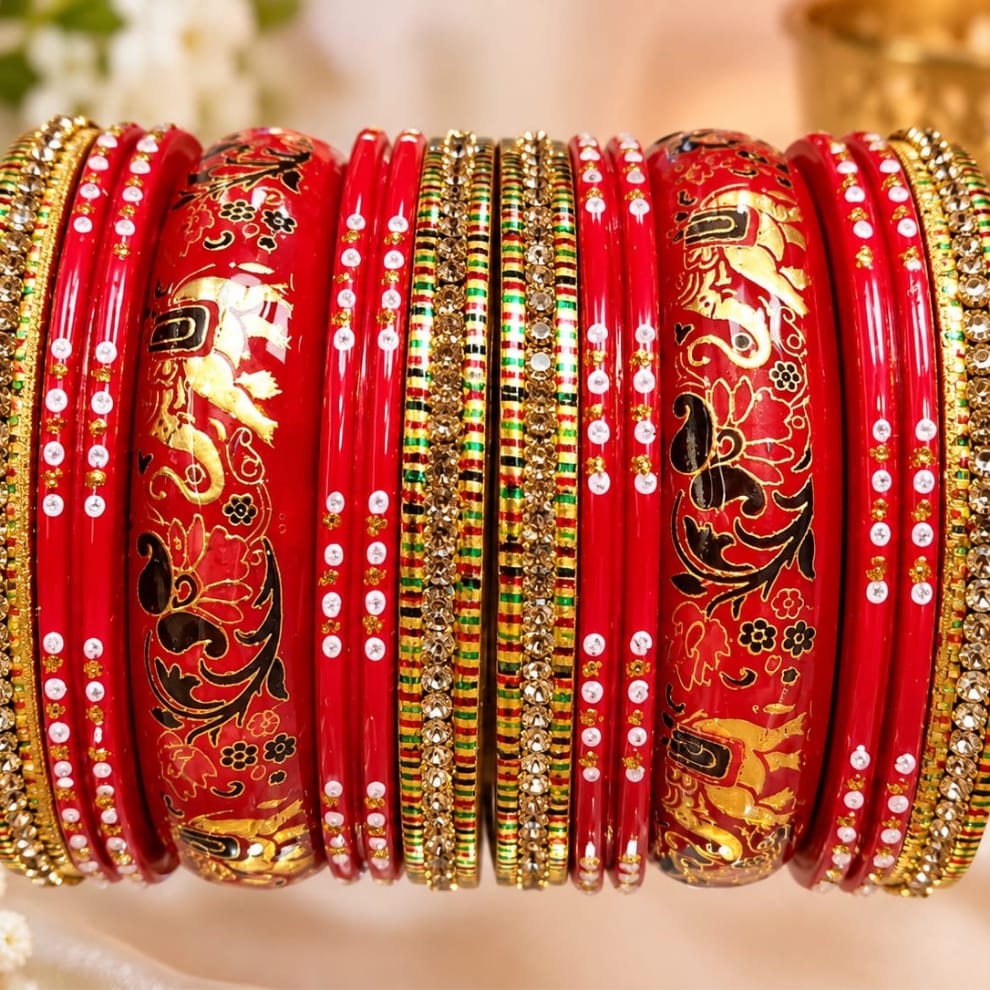 Red Handprinted Lac Bangles Set – Meenakari Style
