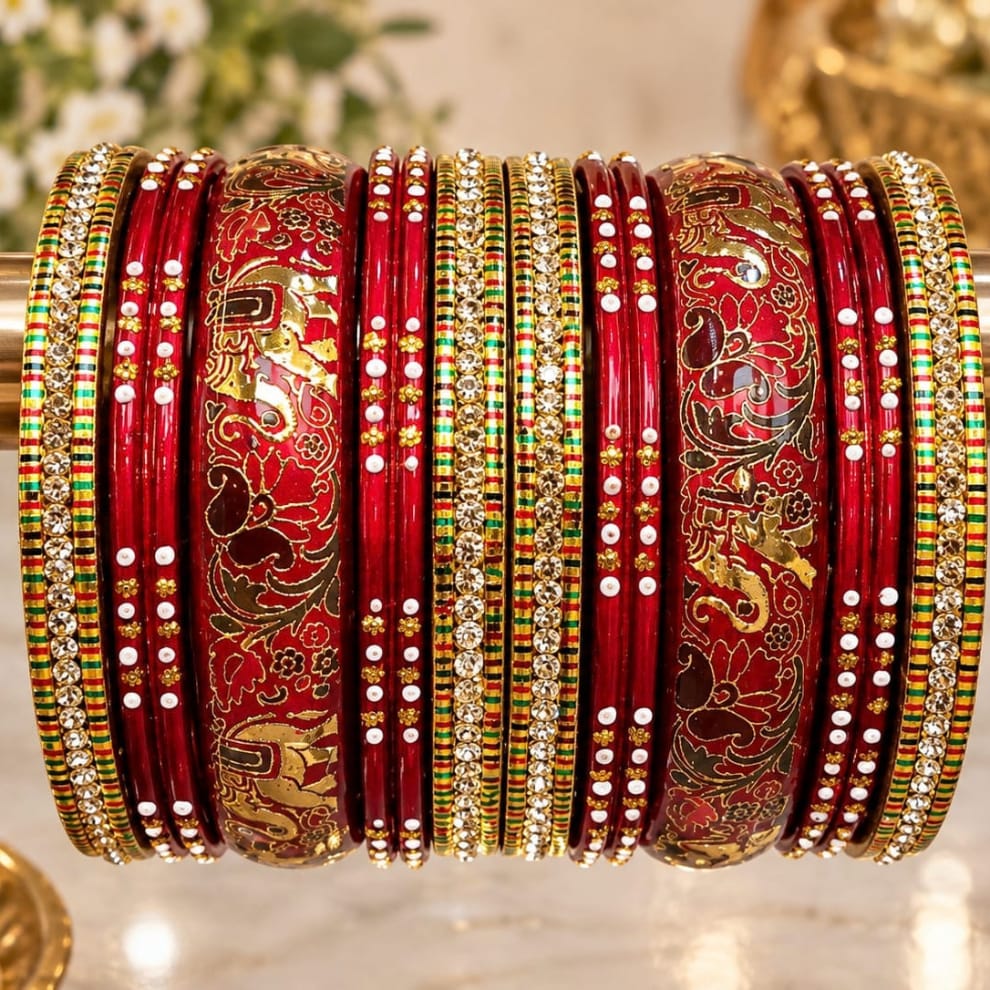 Maroon Handprinted Lac Bangles Set – Meenakari Style