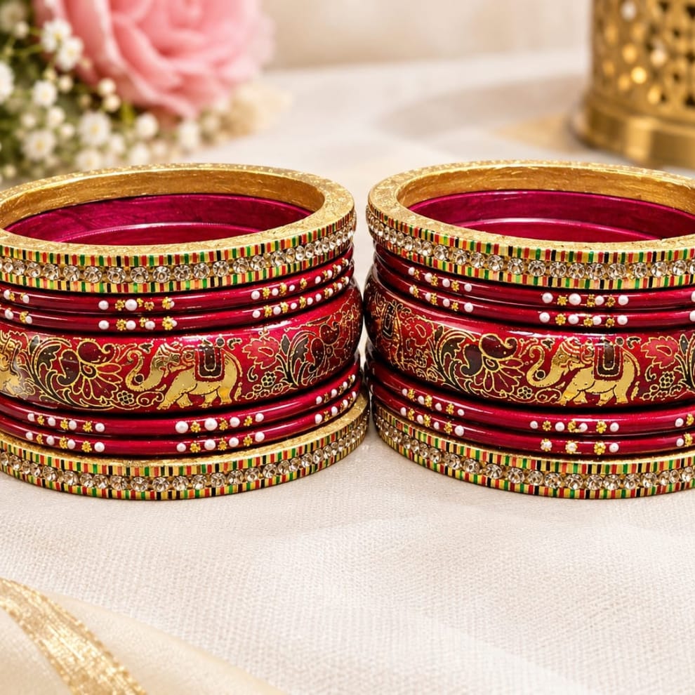 Maroon Handprinted Lac Bangles Set – Meenakari Style
