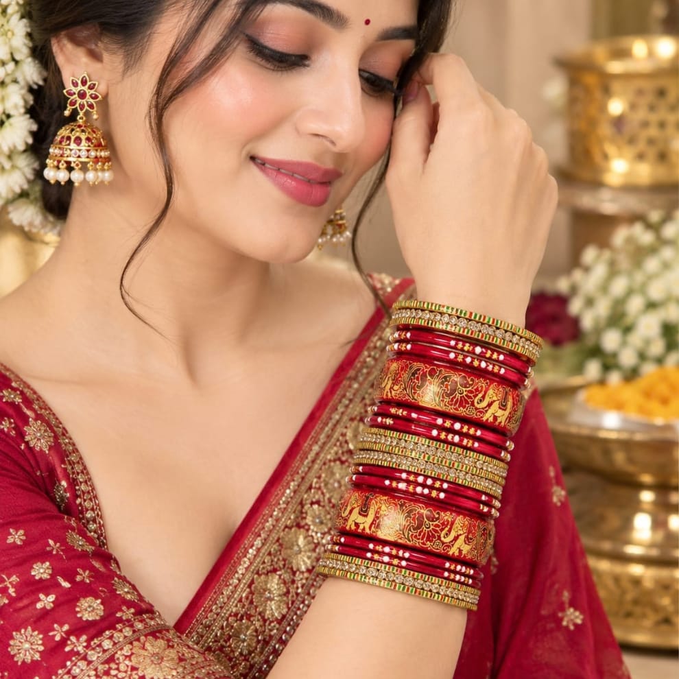 Maroon Handprinted Lac Bangles Set – Meenakari Style