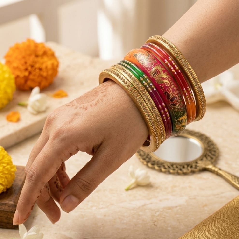 Multicolour Handprinted Lac Bangles Set – Meenakari Style
