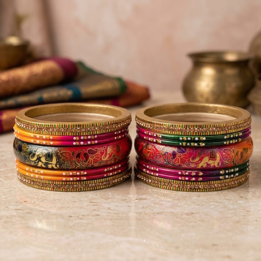 Multicolour Handprinted Lac Bangles Set – Meenakari Style