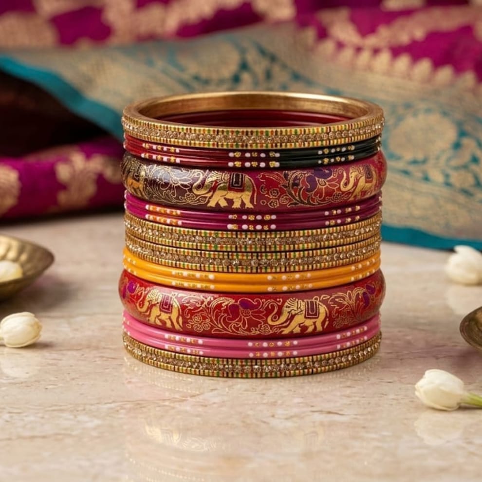 Multicolour Handprinted Lac Bangles Set – Meenakari Style