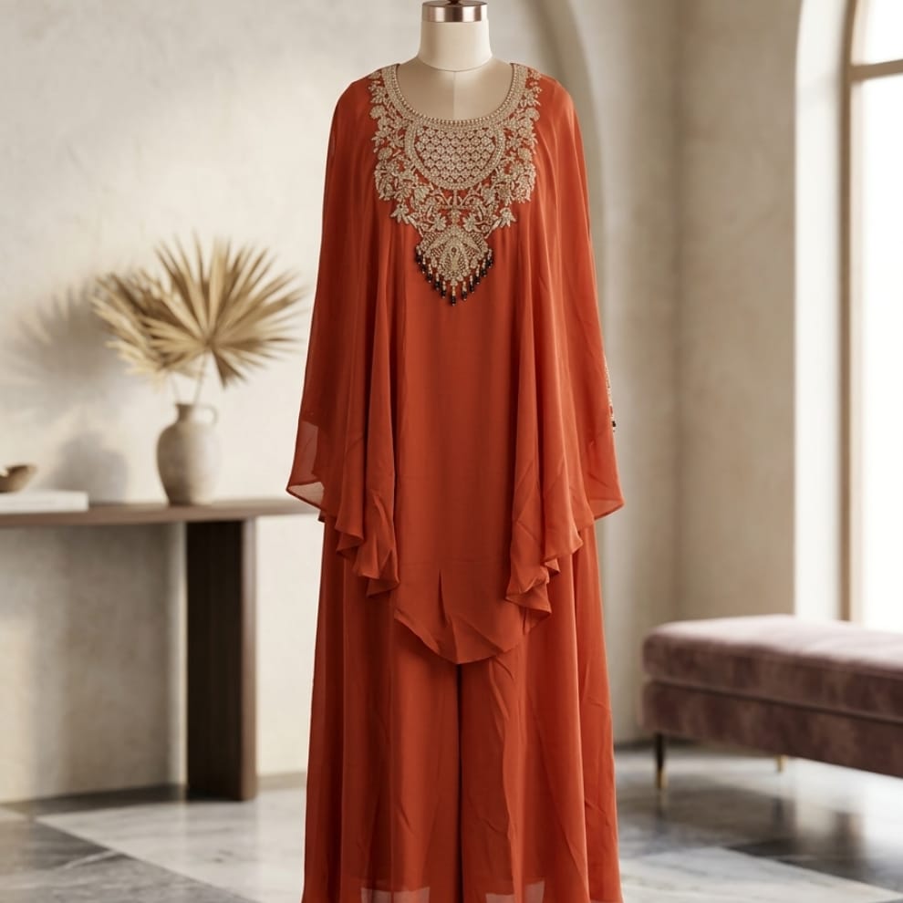 Rust Royale Embroidered Kaftan Palazzo Set