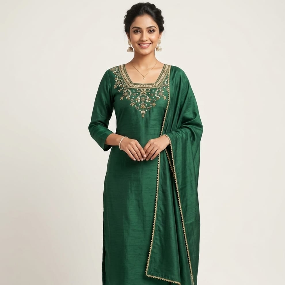 Green Emerald Noor Embroidered Silk Suit Set with Dupatta