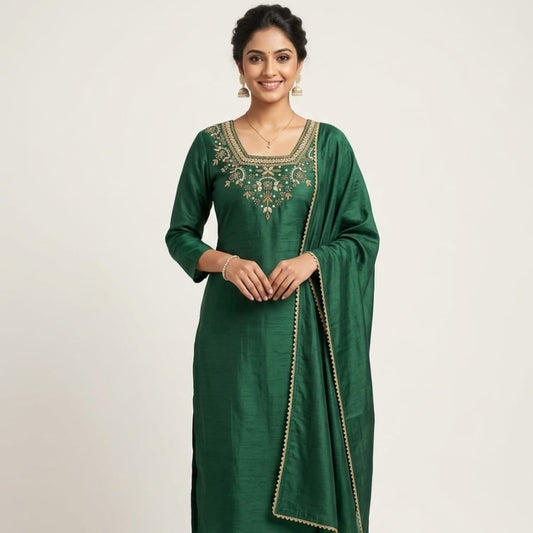Green Emerald Noor Embroidered Silk Suit Set with Dupatta