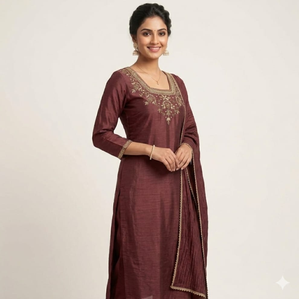 Maroon Emerald Noor Embroidered Silk Suit Set with Dupatta