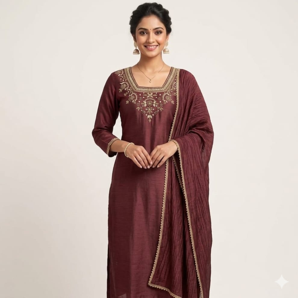 Maroon Emerald Noor Embroidered Silk Suit Set with Dupatta