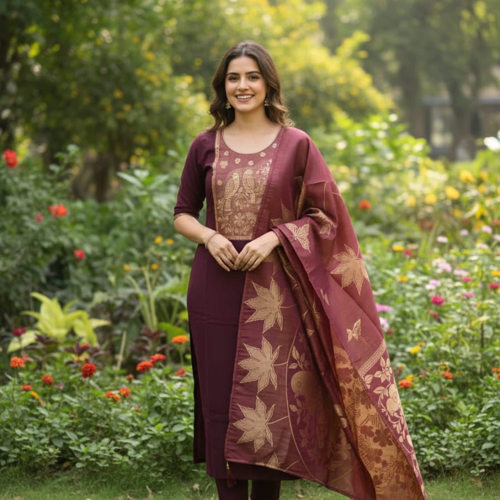 Reddish Maroon Premium Readymade Suit (Silk Fabric with Cotton Lining)