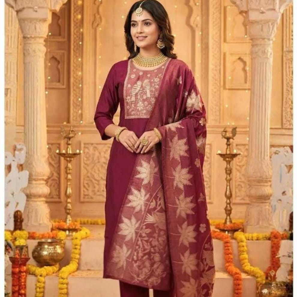 Reddish Maroon Premium Readymade Suit (Silk Fabric with Cotton Lining)
