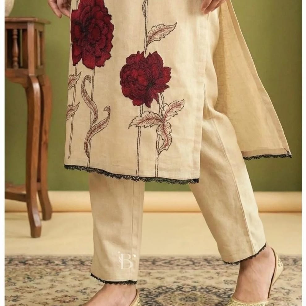 Ruby Blossom Embroidered Viscose Suit Set
