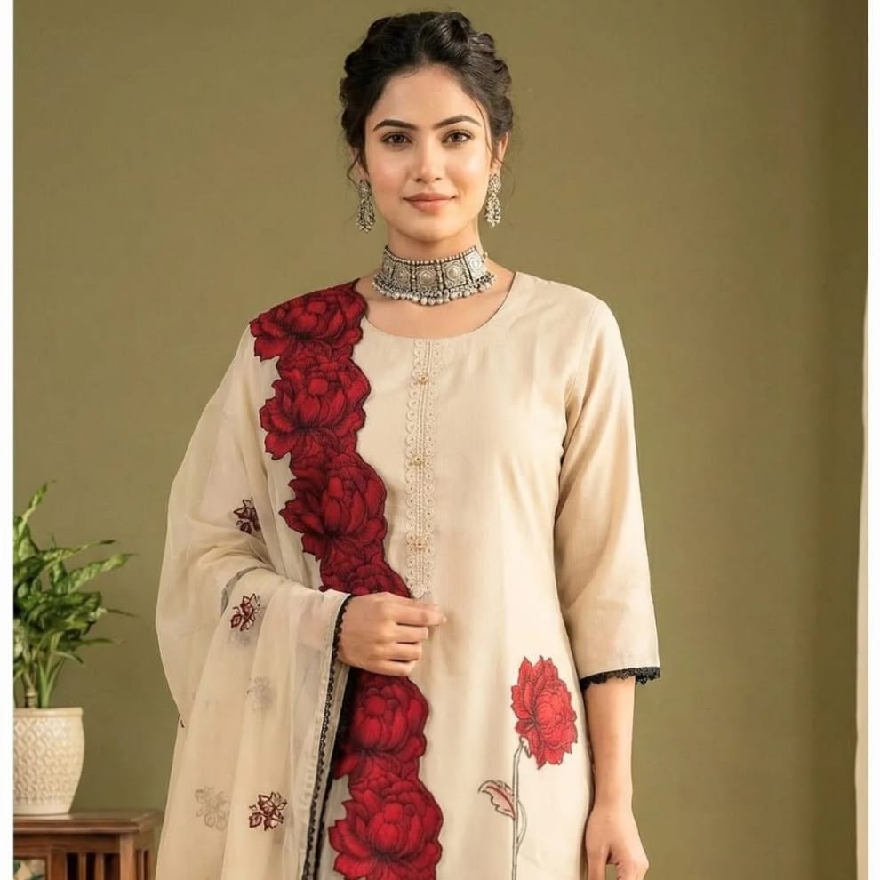 Ruby Blossom Embroidered Viscose Suit Set