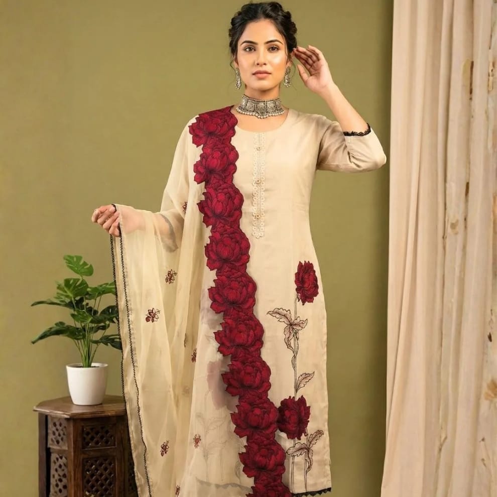 Ruby Blossom Embroidered Viscose Suit Set